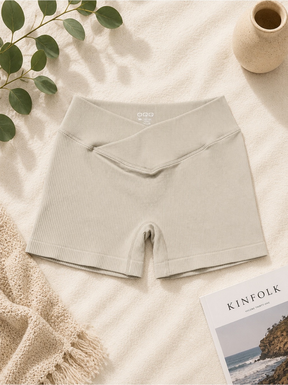 OQQ High-Rise Ribbed Bike Shorts in Bone - Women